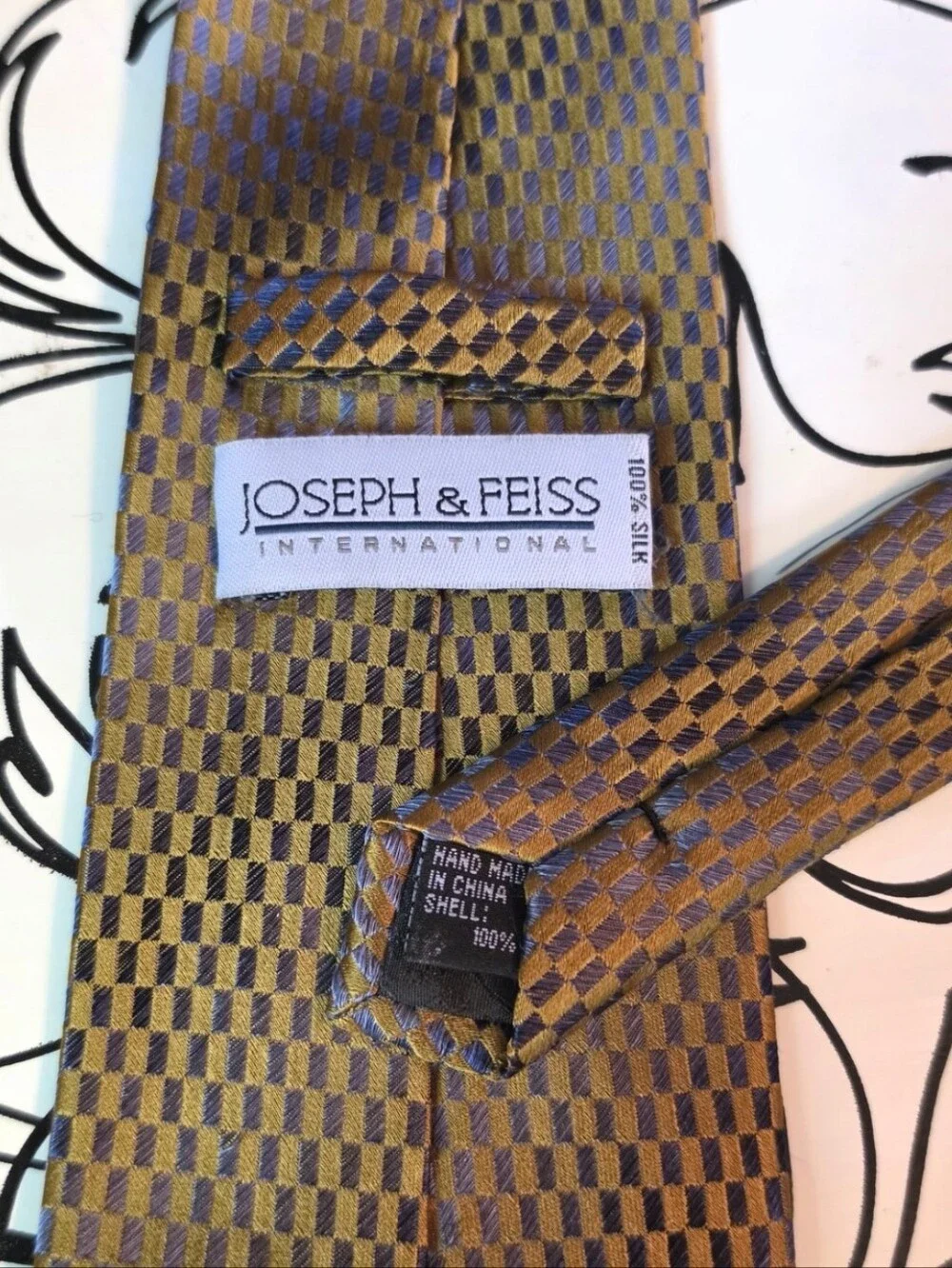 Joseph Feiss Mens Silk Tie Extra Long XL Gold Blue Geometric Checkered 63
